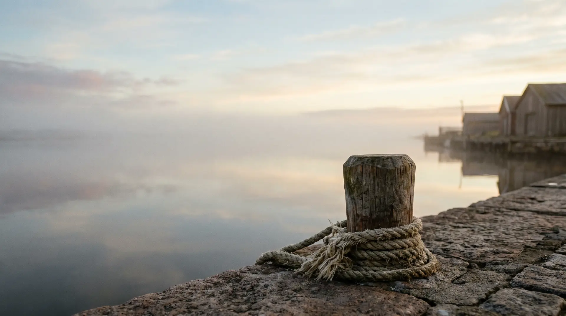 A weathered mooring bollard wrapped in rope at a still Nordic harbour at dawn